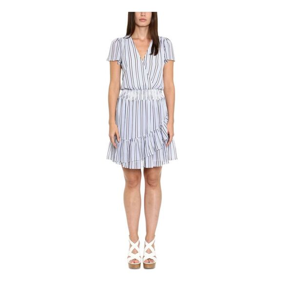 BAR III DRESSES Womens Light Blue Cut Out Zippered Lined Short Sleeve V Neck Above The Knee Party Fit + Flare Dress